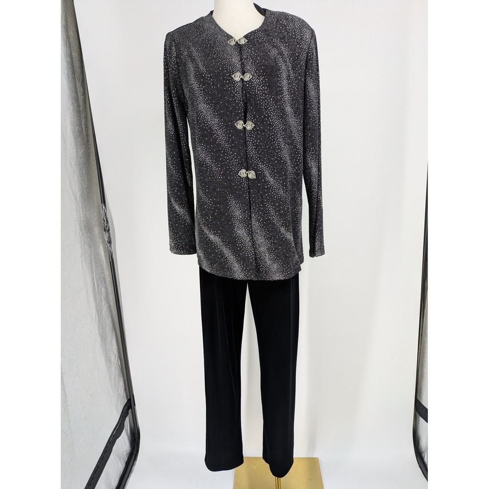 Vintage Teddi Evening Pant Set Women 10 Black Silver Metallic Glitter Velvet 90s